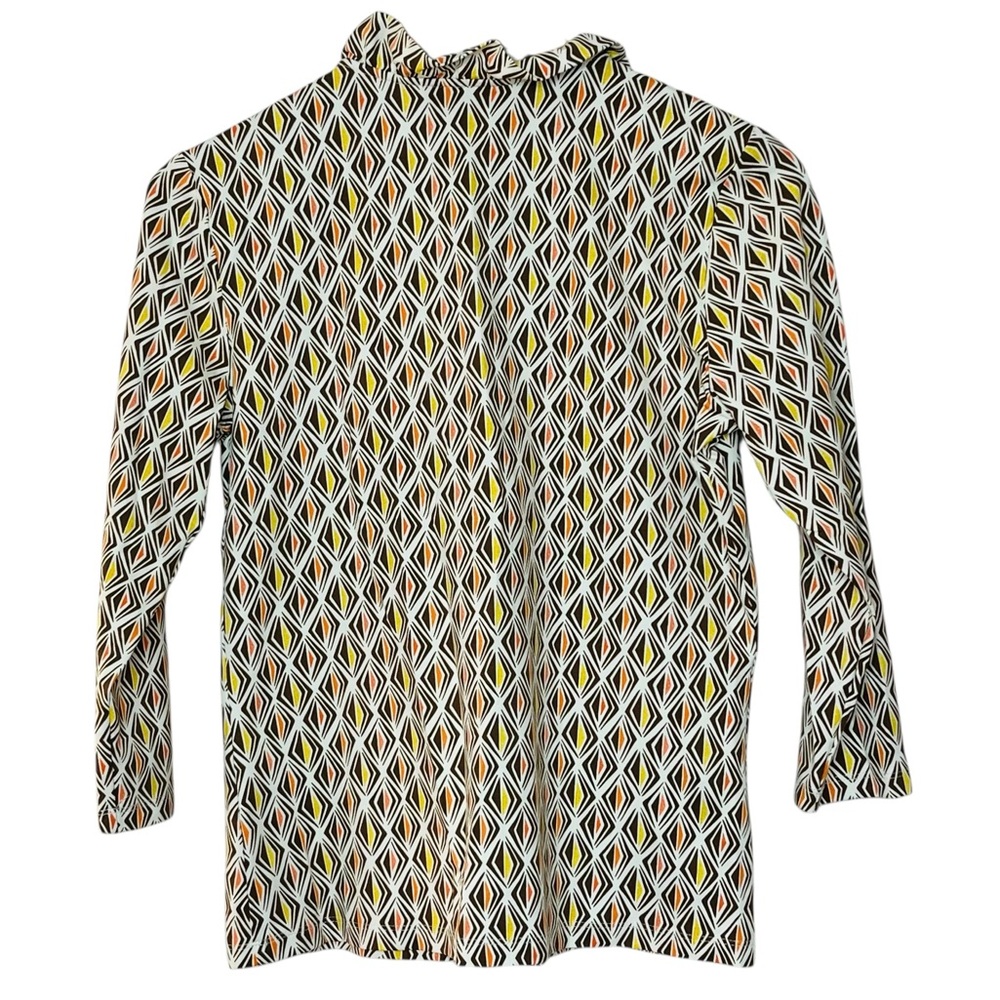J McLaughlin Durham Knit Ruffle Neck Catalina Cloth Geo Print Blouse Size Medium - Picture 3 of 5
